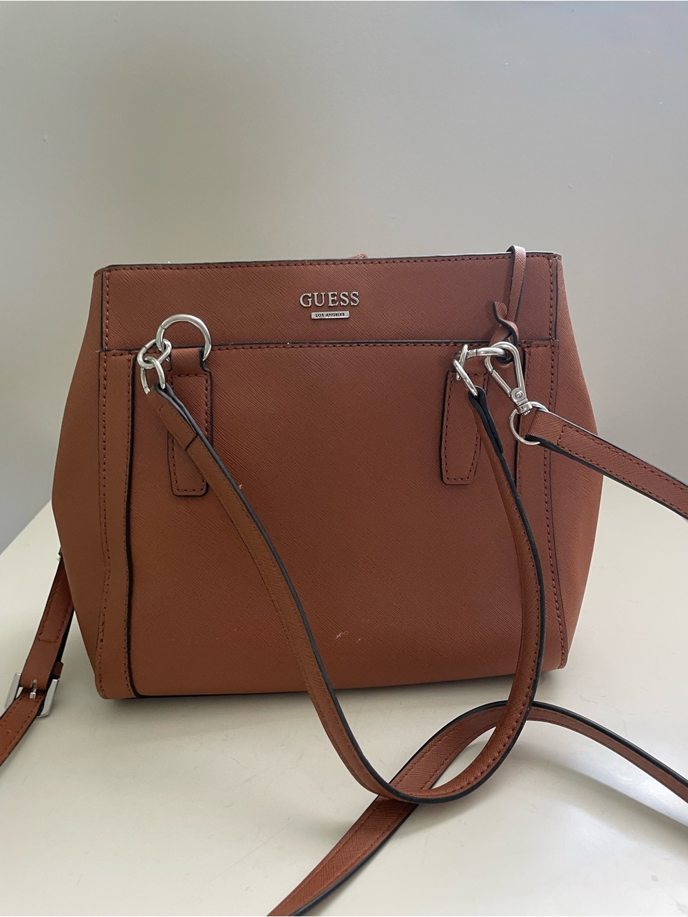 GUESS Brown Structured Saffiano Leather Satchel with Silver Hardware